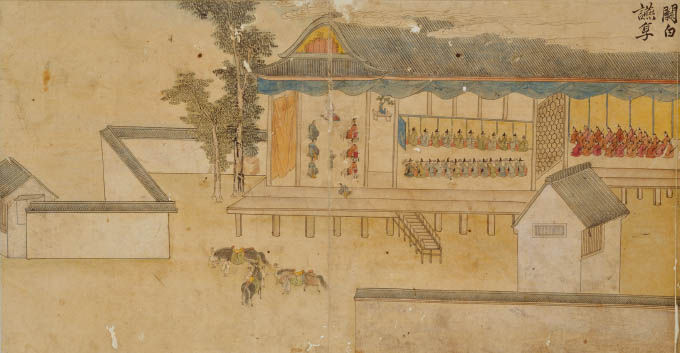 이성린,《사로승구도》중 <간바쿠의 잔치>, 1748년, 종이에 엷은 색, 각 35.2×70.3cm