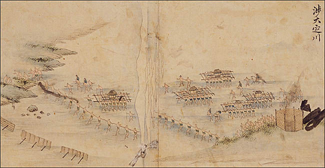 이성린,《사로승구도》중 <오이가와 건너기>, 1748년, 종이에 엷은 색, 각 35.2×70.3cm