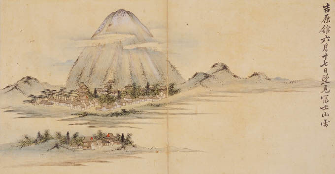 이성린,《사로승구도》중 <6월17일 요시와라 관소에서 본 구름 낀 후지산>, 1748년, 종이에 엷은 색, 각 35.2×70.3cm