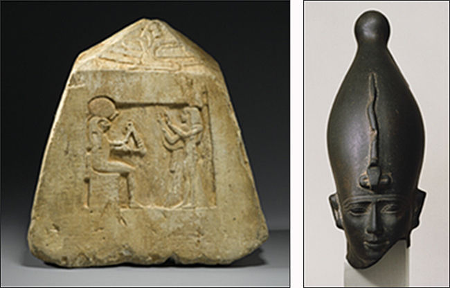 피라미드 모양의 새김돌(피라미디온)©Photo BKM, 오시리스 조각상©Photo BKM