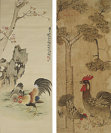 쌍계도(雙鷄圖), 1900년, 안중식 작, 국립민속박물관(왼쪽) / 오동계자도(梧桐鷄子圖), 조선 후기, 국립민속박물관