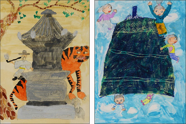 진공대사탑(서유준, 평촌초 5학년)-왼쪽, 보신각종(원서연, 포일초 3학년)