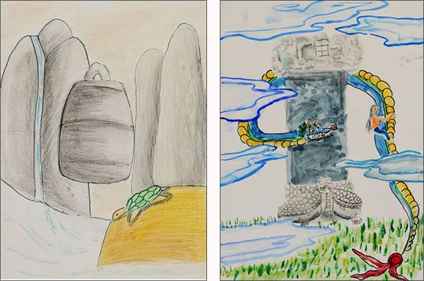 자유로운 보신각종(윤나겸, 늘푸른초 3학년)-왼쪽, 용이 지키는 탑비(이예빈, 포일초 6학년)