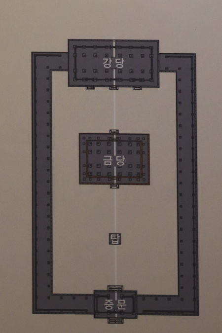 정림사의 본래 가람배치, 주변에 경복궁 근정전 주변처럼  회랑으로 둘러싸여있다.