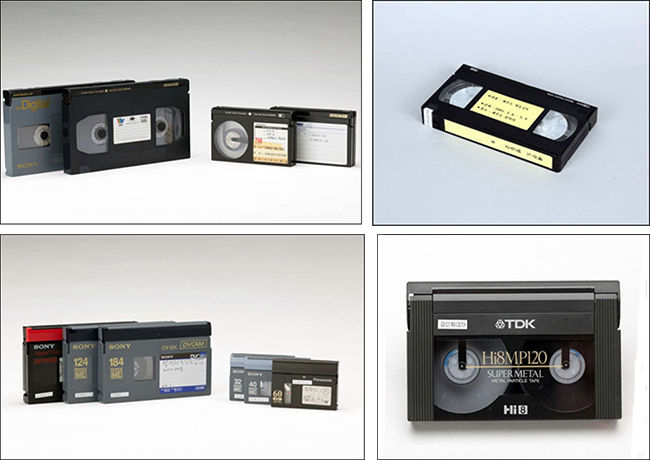 1975년 출시한 베타(Beta) 방식 테이프, 1976년 출시한 VHS 방식 테이프, 1985년 출시한 8mm 테이프, 1995년 출시한 6mm 테이프(왼쪽부터 시계방향)