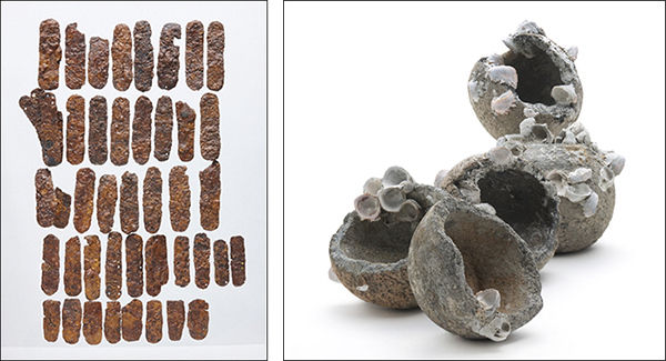 항파두리성 출토 철제 찰갑편, 고려 13세기, 제주고고학연구소(왼쪽) / 몽골침공지역인 다카시마해역에서 출토된 철제 포탄, 가마쿠라시대 13세기, 마쓰우라시 교육위원회