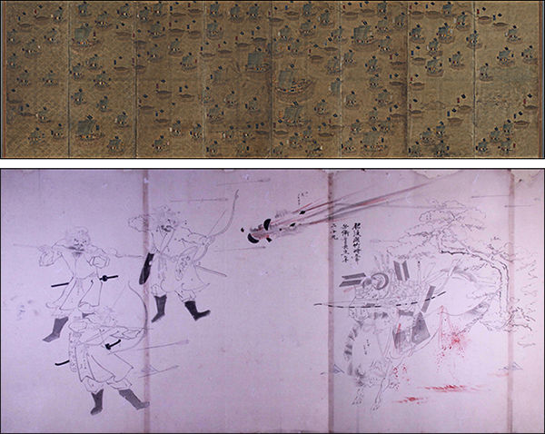 수군조련도, 조선, 국립중앙박물관(위) / 몽고습래회사, 에도시대 1816년, 후쿠오카시박물관