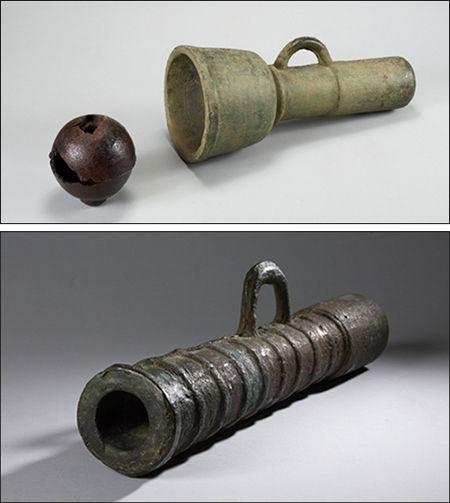 중완구(보물 제858호), 조선, 국립중앙박물관(위 왼쪽) / 비격진천뢰, 조선, 국립김해박물관(위 오른쪽) / 현자총통(보물 제885호), 조선, 국립진주박물관