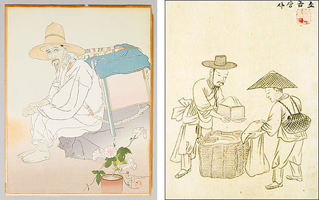 폴 자쿨레(Paul Jacoulet, 1896~1960, 소금장수, 1935년, 한국(국립민속박물관) - 왼쪽 / 기산 김준근(金俊根), 소금장수 - 기산풍속도, 19세기 말, 한국 (프랑스 국립기메박물관)