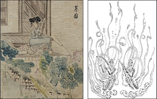 여속도첩 가운데 <연못가의 여인>, 신윤복, 국립중앙박물관(왼쪽), 상원사의 범종에 돋을새김된 비천상 탁본, 오른쪽이 생황이다, 직지사 성보박물관 제공