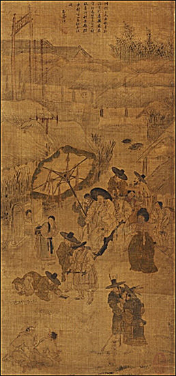 <행려풍속도병(行旅風俗圖屛)> 가운데 “거리의 판결”, 단원 김홍도, 비단에 엷은 채색, 90.9x42.7cm, 국립중앙박물관