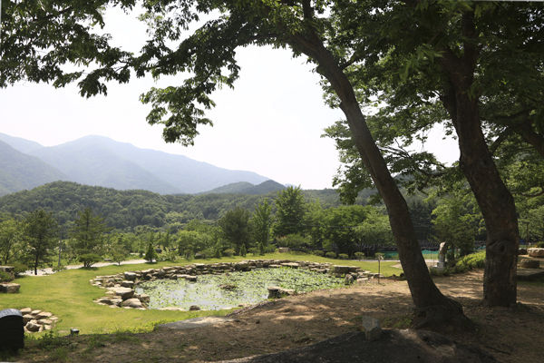 공림사 마당에서 본 연지와 사찰앞 전경