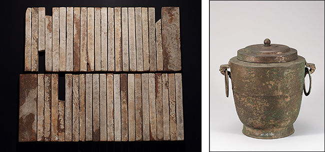 고려 인종의 시호를 올리며 지은 글, 고려 1146년, 각 길이 33cm, 너비 2.5cm ⓐ국립중앙박물관(왼쪽) / 「운봉사전래」가 새겨진 청동 항아리, 고려, 높이 34.0cm ⓐ국립중앙박물관