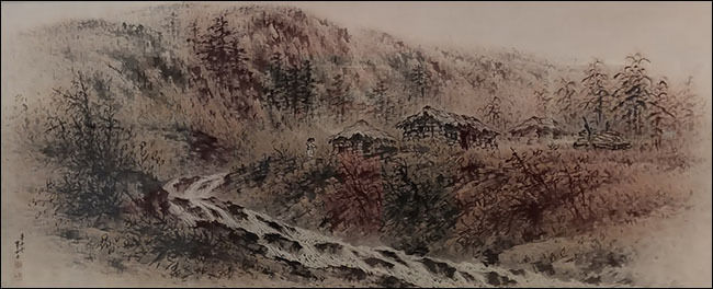 청전 이상범 "하경", 종이에 수묵담채, 77×178cm, 1966