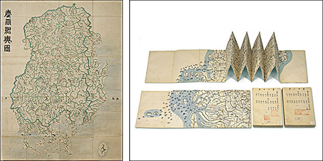 <팔도도 가운데 경상도 지도 (보물 제1599호)>, 신경준(申景濬, 1712~1781) 원작, 조선, 1770 (영조 46), 종이에 먹과 색, 146.7×111.7cm, 낱장, 개인 소장 – 왼쪽 / <대동여지도>, 김정호(金正浩, 1804?-1866?), 조선, 1861 (철종 12), 종이에 목판 인쇄, 색, 30.5×20.0cm, 절첩, 국립중앙박물관 소장