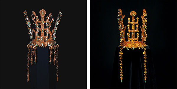 황남대총 북분 금관 드리개, 신라 5세기 후반, 길이 31cm, 14.5cm, 13.4cm, 국보 제191호(왼쪽) / 금관총 금관 드리개, 신라 5세기 후반, 길이 27.3cm, 국보 제87호