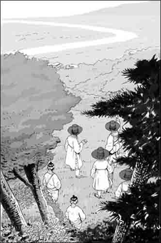 산의 기운이 모여있고 산수의 방향이 훌륭한 명당을 찾아내기 위한 노력을 기울이고 있는 모습 (그림 : 정용연)