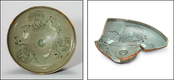 물가풍경무늬 완(靑磁象嵌蒲柳水禽文碗), 고려, 높이 4.8cm, 국립중앙박물관(왼쪽) / 물가풍경무늬 완(靑磁象嵌蒲柳水禽文碗), 고려, 높이 4.8cm, 부안 유천리 출토, 국립중앙박물관