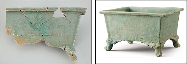 물가풍경무늬 향로(靑磁蒲柳水禽文香爐), 고려 12세기, 높이 15.0cm, 부안 유천리 출토, 국립중앙박물관(왼쪽) / 물가풍경무늬 화분(靑磁陽刻蒲柳水禽文花盆), 고려 13세기, 높이 15.9cm, 진도 명량 출토, 국립해양문화재연구소