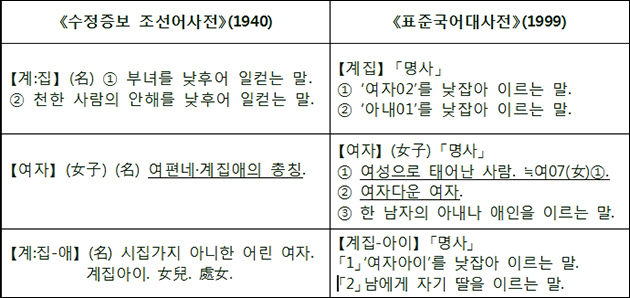 시대의 인식 변화를 보여주는 사전 낱말 뜻풀이, 계집에서 여성으로