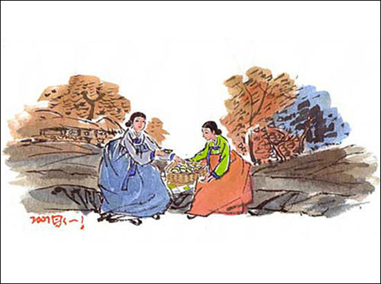 시집간 딸과 친정어머니의 한가위가 지난 뒤 만나는 ‘반보기’(그림 이무성 화백)