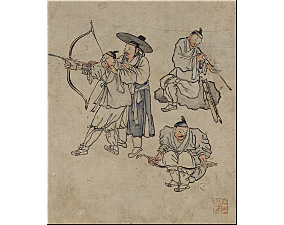 보물 제527호 김홍도 <활쏘기>, 종이에 수묵담채, 28.0x23.7㎝, 국립중앙박물관 소장