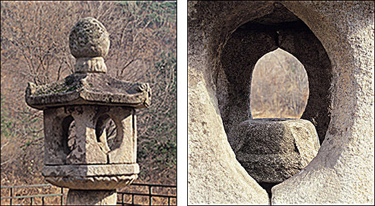 석등 화사석과 옥개부(왼쪽), 석등 화사석의 타원형 화창