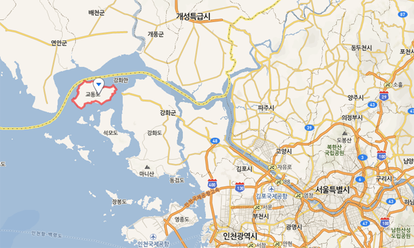 남과 북이 인접하고 한강과 임진강이 옆에 있는 강화도와 교동의 위치