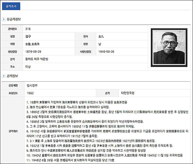 국가보훈처 공훈전자사료관의 ‘백범 김구’ <공적조서부분>