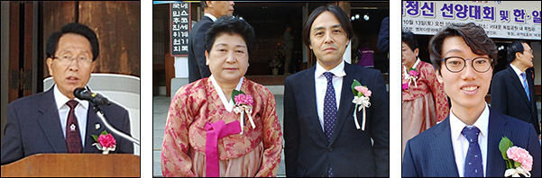 인사말을 하는 김시명 (사)순국선열유족회 회장, 사토미도리(남북통일을 기원하는 일본인회)회장,아마노 마사키(아이치현 의회) 의원, 이대형(선문대 한국어교육원 학생 대표) ,왼쪽부터