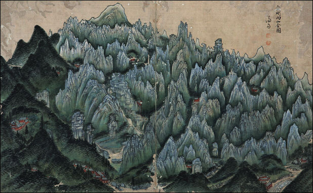 <겸재정선화첩> 가운데 “금강내산전도”, 비단에 담채, 33.0×54.3CM, 국립중앙박물관 보관