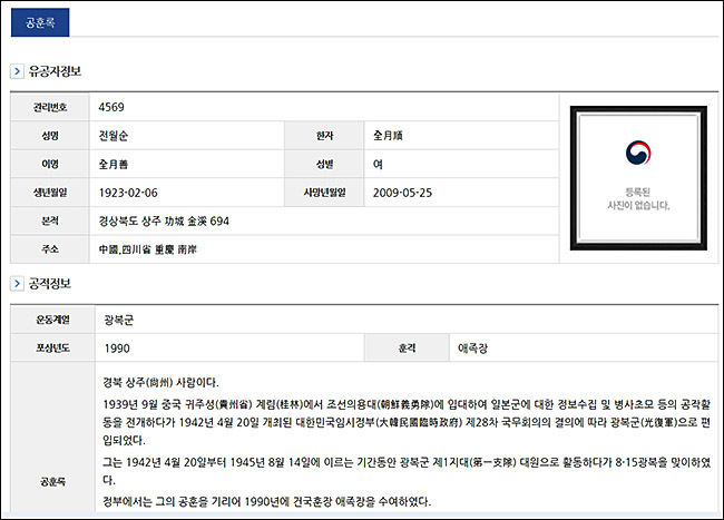전월순 지사의 공훈록 일부. 전월순 지사 남편 역시 광복군이지만 공훈록에는 남편 김근수 이야기가 빠져있다. 앞서 든 오광심 지사의 경우는 김학규가 남편이라고 적혀 있는 등 보훈처 공훈록에는 가족관계가 일관성 없이 기술되어 있다.