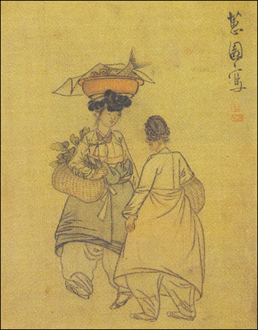 조선 후기엔 저고리 길이가 매우 짧아졌다. 혜원 신윤복의 풍속화 <어물장수>, 국립중앙박물관