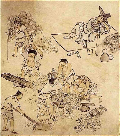 상강 무렵은 가을걷이가 바쁘기 때문에 부지깽이도 나설 정도다. 그림은 단원 김홍도의 <단원풍속도첨> 가운데 "타작"