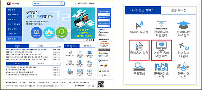 국립국어원 누리집(//www.korean.go.kr/) 첫 화면 ‘자주 찾는 서비스’ 가운데 ‘정책용어 상담’과 ‘어려운 용어 국민 제보’로 들어가면 된다.