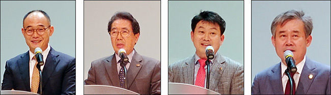 여는말씀을 하는 강병환 토박이말바라기 으뜸빛, 북돋움 말씀하는 이들, 장운익 경상남도교육청 초등과장, 김제홍 경상남도 문화관광체육국장, 조영제 경상남도의회 교육위원회 부위원장 (왼쪽부터)