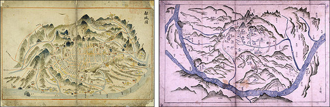 <도성도>, 《동국여도》, 규장각한국한연구원(왼쪽) / <한성전도>, 영남대박물관