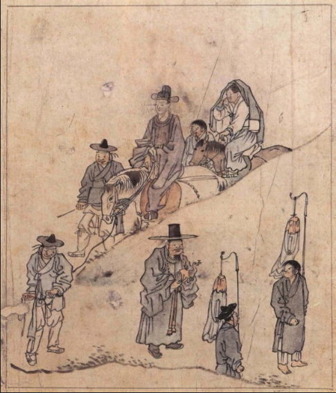 김홍도 《풍속화첩 》가운데 <신행>, 보물 제527호, 국립중앙박물관, 총사초롱 뒤 기럭아비가 목기러기를 들고 간다.