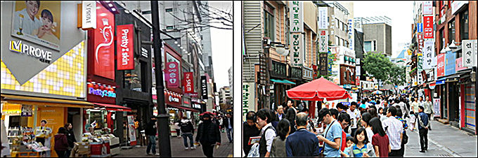 영문 간판이 가득한 서울 명동거리(왼쪽), 한글 간판이 가득한 서울 인사동 거리