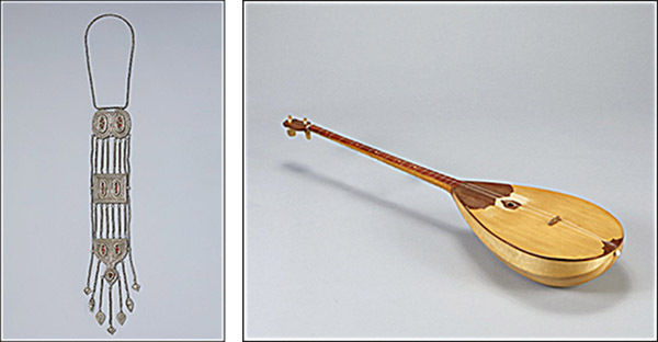 가슴 꾸미개 '오니르지예크', 19세기, 48.3х7.3cm, 카자흐스탄 서부, 카자흐스탄국립박물관(왼쪽) / 악기 '돔브라', 20세기, 58×24.5×97.5㎝, 카자흐스탄 서부, 카자흐스탄국립박물관