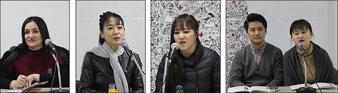 기자간담회 참석한 사모스키나 이리나 아쏠앙상블 단장, 성악가 전월선 선생, 윤은화 문경새재아리랑 총예술감독, 중국 연변가무단 강화ㆍ최려령 단원
