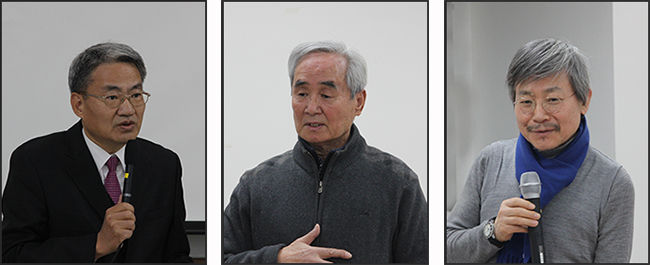 인사말을 하는 ‘우리말로 학문하기 모임’ 박용규 회장, 초창기 회장 정현기 교수, 솔출판사 이우기 대표(왼쪽부터)