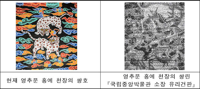 현 경복궁 영추문의 홍예 천장과 중건 당시의 쌍린 모습