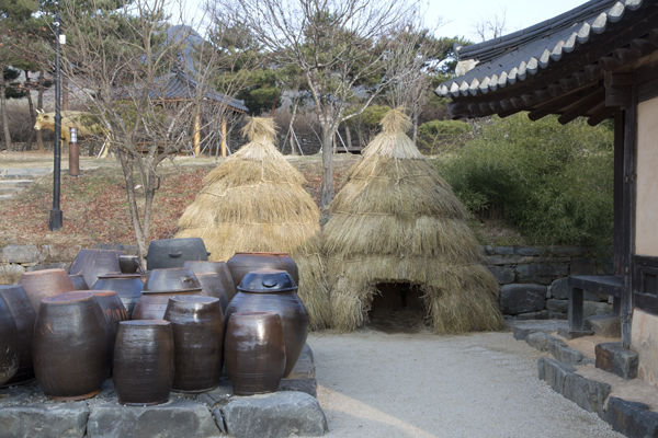 집안 장독대, 장독대 옆에는 볕짚으로 만든 헛간이 있고, 그 안에는 토굴을 파고 김장김치를 묻어두었다.