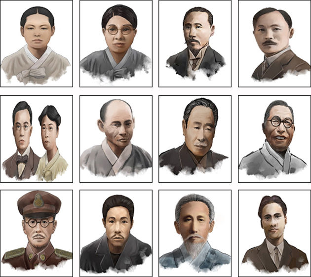 1월 유관순, 2월 김마리아, 3월 손병희, 4월 안창호, 5월 김규식ㆍ김순애, 6월 한용운, 7월 이동휘, 8월 김구, 9월 지청천, 10월 안중근, 11월 박은식, 12월 윤봉길