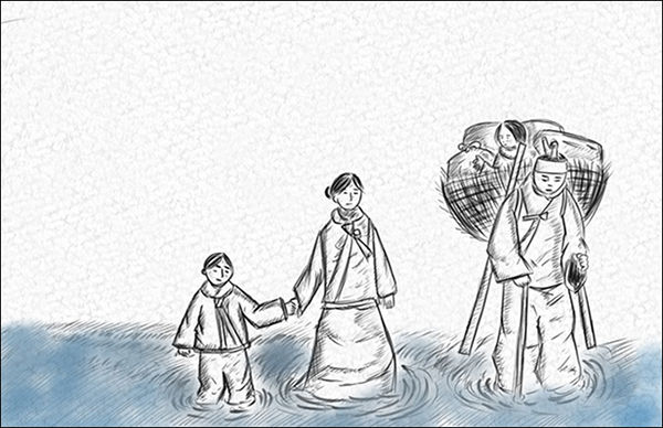 아버지 족지게에 앉아있는 분녀는 강물이 무서웠다.(그림 이승헌 작가)