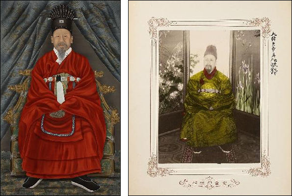 <고종 어진>, 작자 모름, 1918, 비단에 채색, 162.5×100cm, 국립고궁박물관 소장(왼쪽) / <대한황제 초상>, 김규진, 1905, 채색사진, 22.9×33cm, 뉴와크미술관 소장
