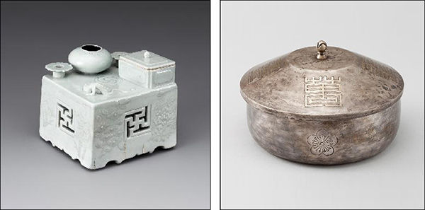 <‘광무육년’을 새긴 백자문방구>, 1902, 높이10.3×너비10.7cm, 국립중앙박물관 소장(왼쪽) / <은제이화문탕기>, 1910년 무렵, 은, 11×17×18.4cm, 국립고궁박물관 소장