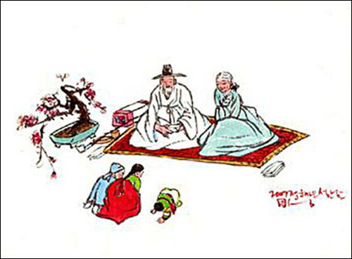 세배하는 설날, 구정이 아니다.(그림 이무성 한국화가)