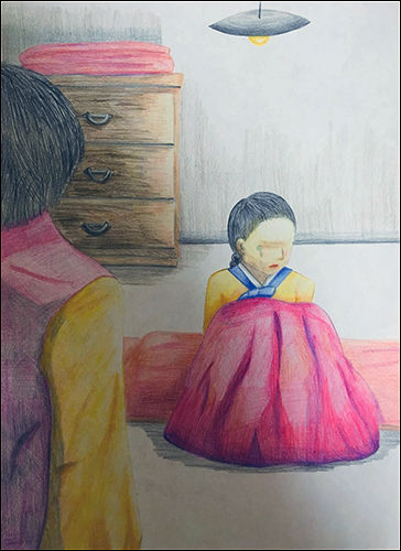 16살에 블로집 큰며느리가 된 엄마는 섧게 흐느꼈단다.(그림 변애미 작가)